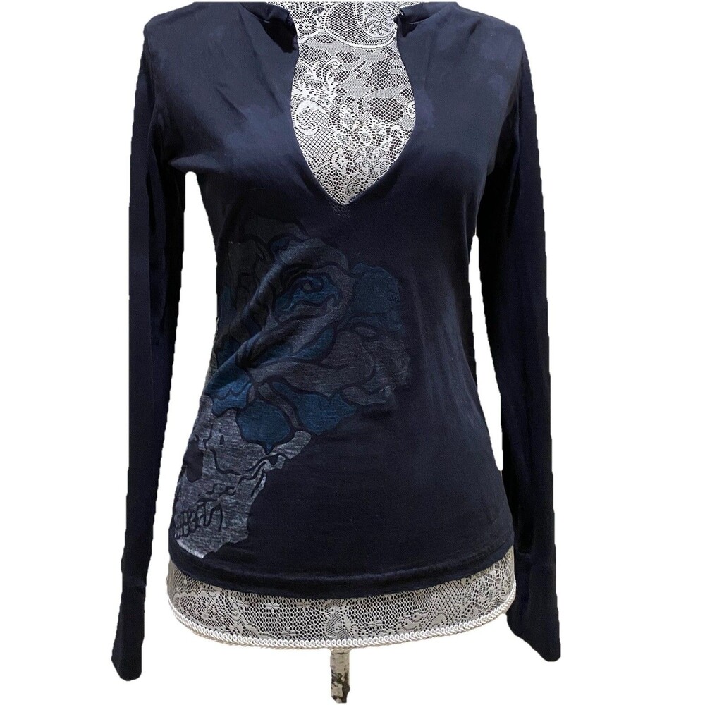 Unholy Grail Distressed Skull Rose Graphic Top Goth Grunge V Neck Long Sleeve S